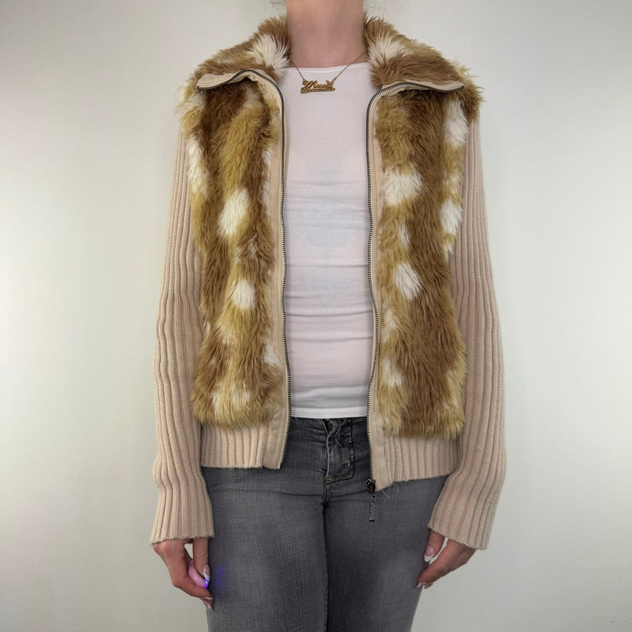 Y2K vintage faux fur jumper deer fawn knit sleeve zip up jacket bambi