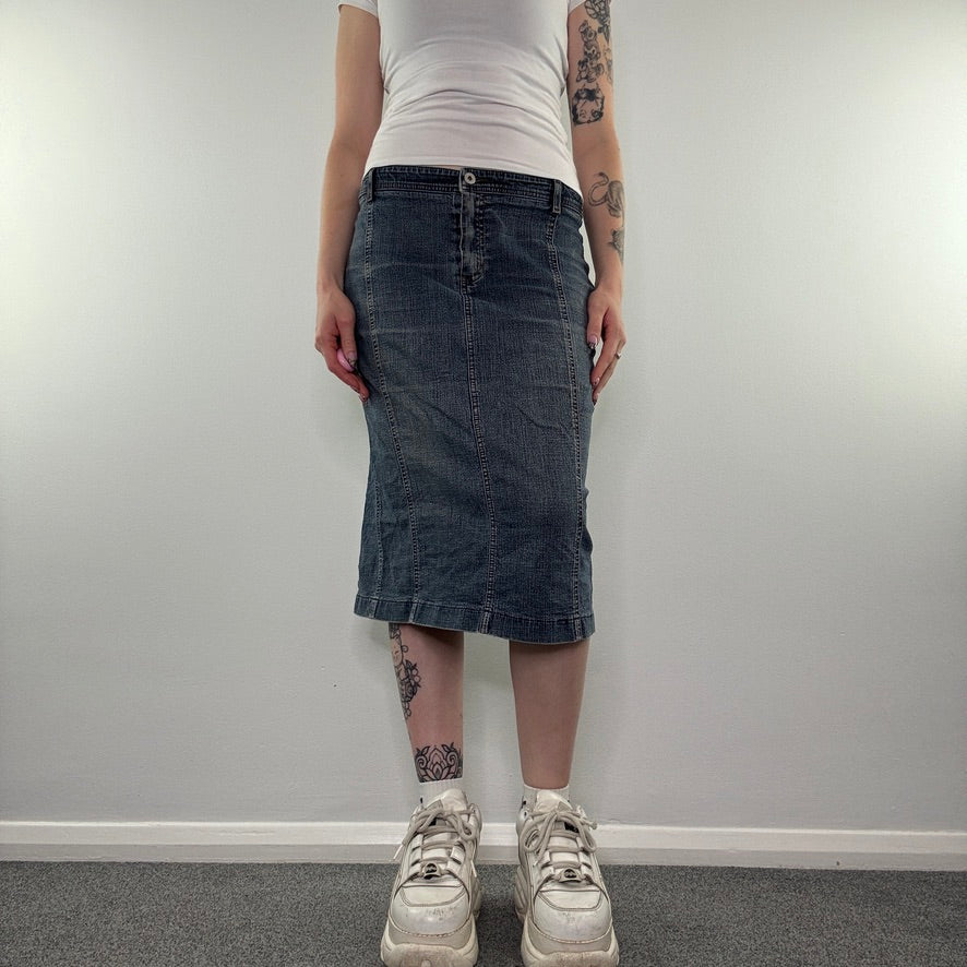 Y2K vintage low rise faded denim midi skirt