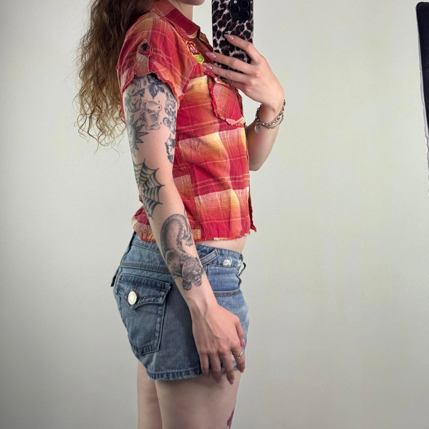 Y2K vintage check print tartan shirt short sleeve popper button up red yellow