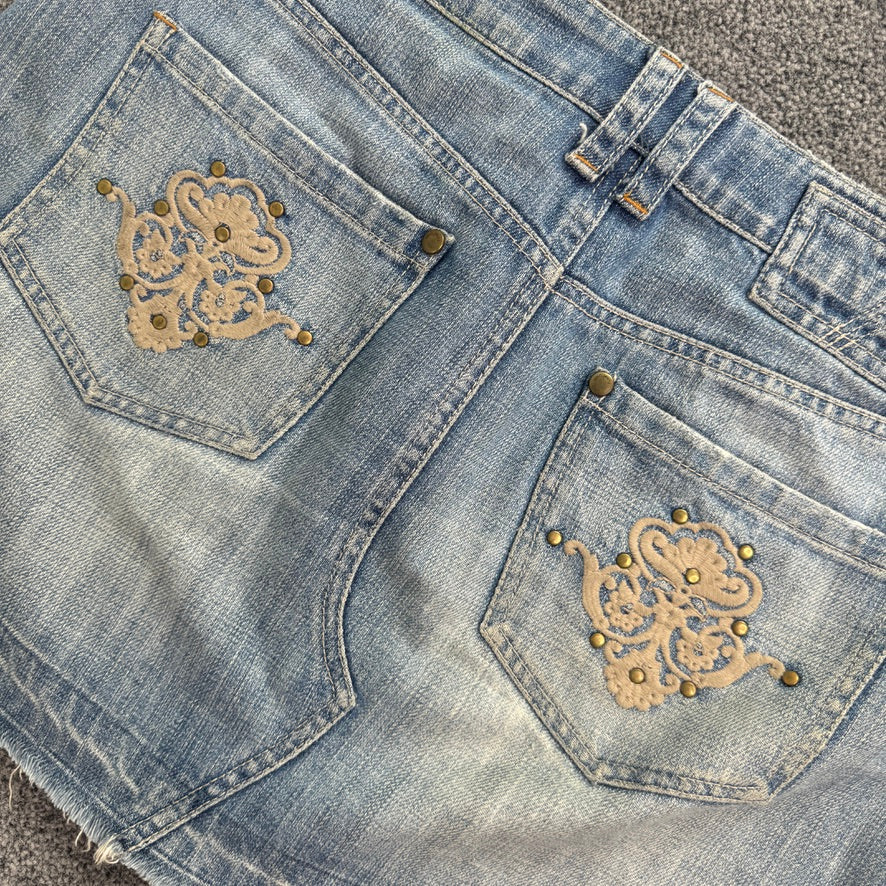 Y2K vintage studded embroidery faded denim low rise mini skirt