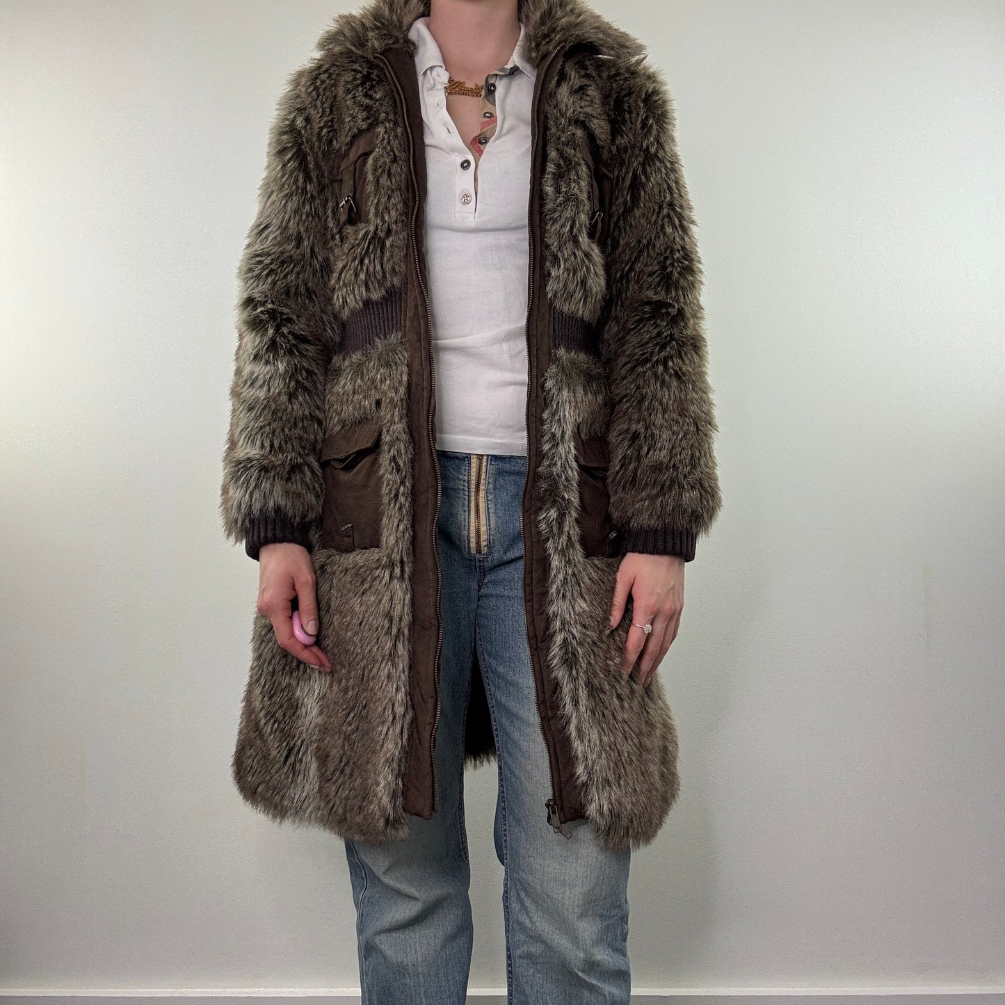 Y2K vintage faux fur long zip up coat