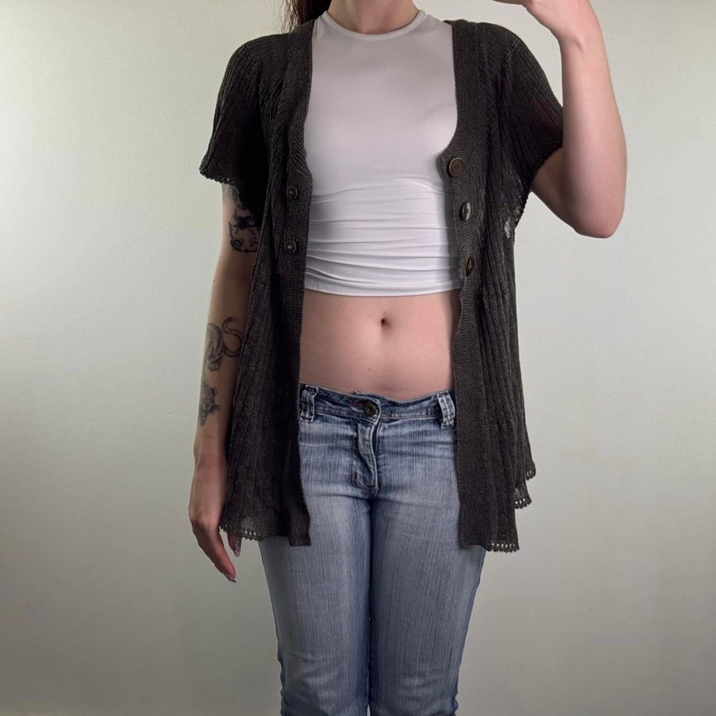 Y2K vintage linen blend fine knit short sleeve button up cardigan sheer