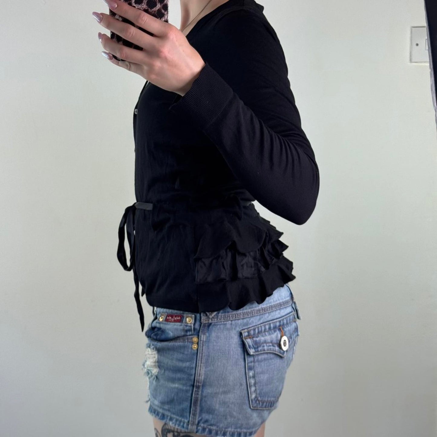 Y2K vintage part silk button up fine knit cardigan ruffle bow v neck archive