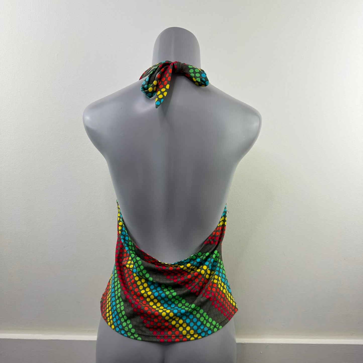 Y2K vintage polka dot halter neck swimwear top v neck padded cups multi rainbow