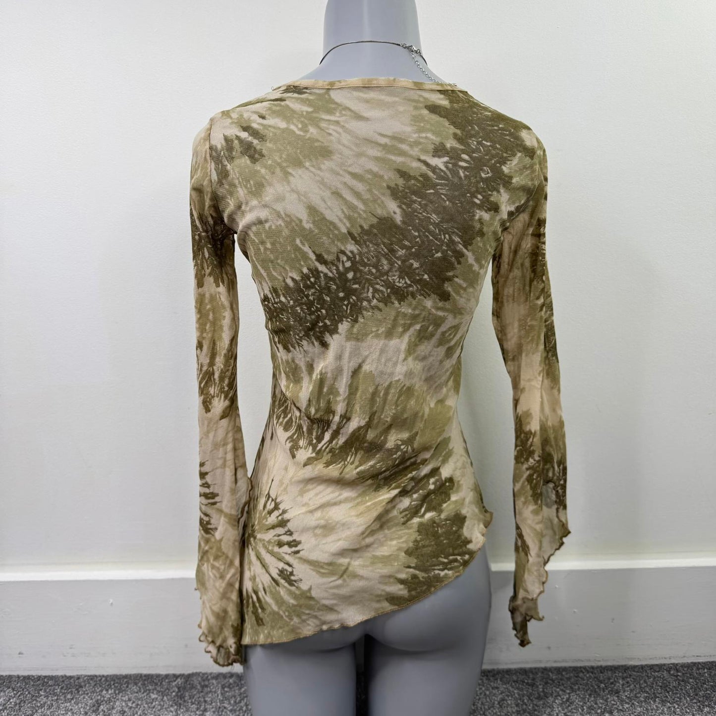 Y2K vintage tie dye mesh long flare sleeve top asymmetrical hem bow lettuce boho