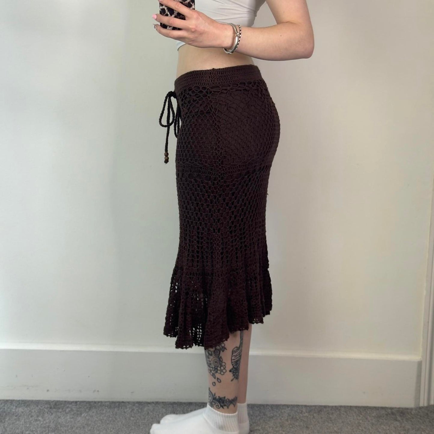 Y2K vintage floral crochet midi skirt fishtail beaded summer holiday festival