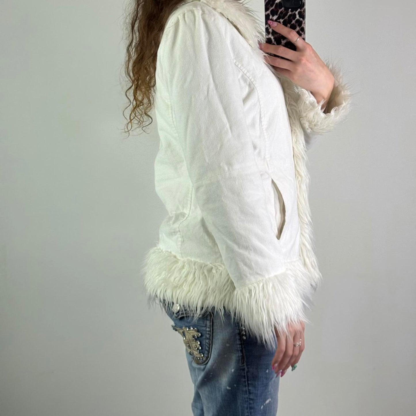 Y2K vintage afghan faux fur trim coat button up soft touch jacket white size 10