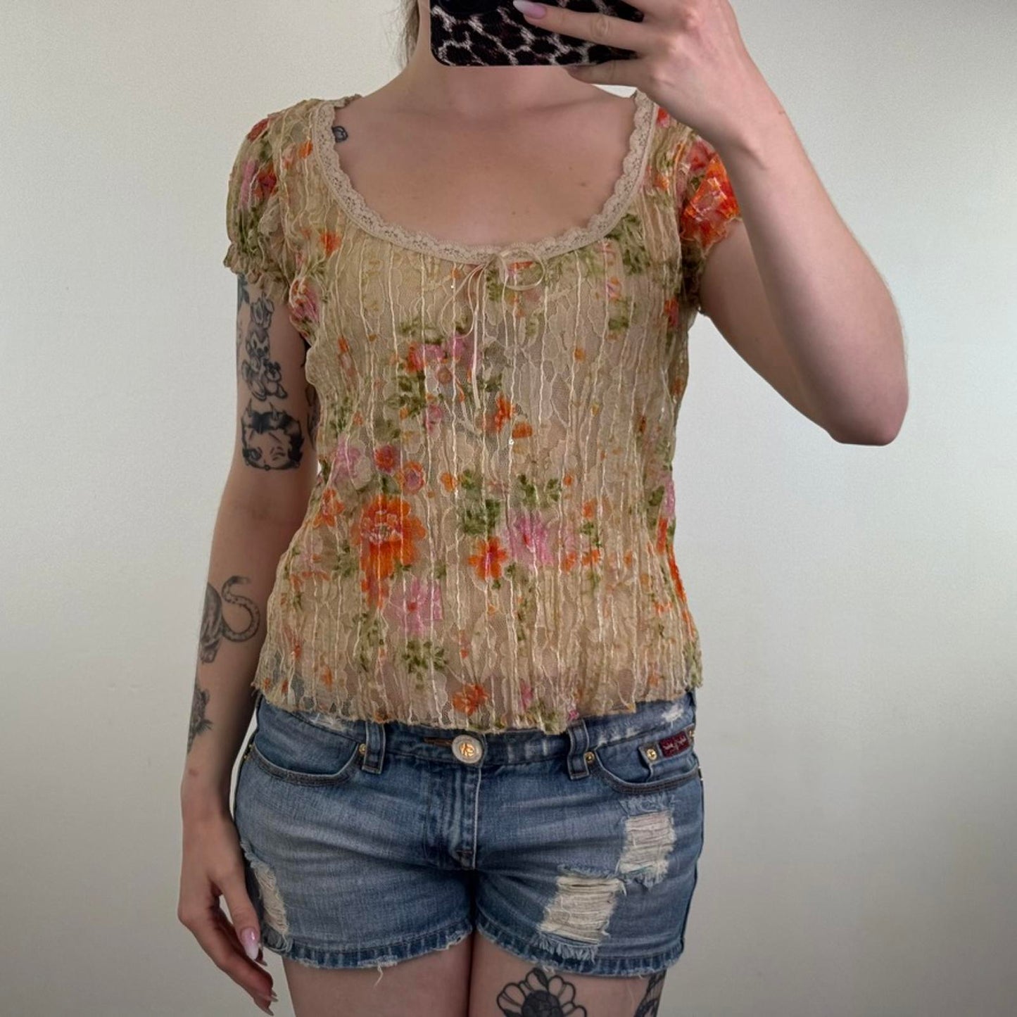 Y2K vintage Per Una mesh overlay short sleeve top round neck double layer bow