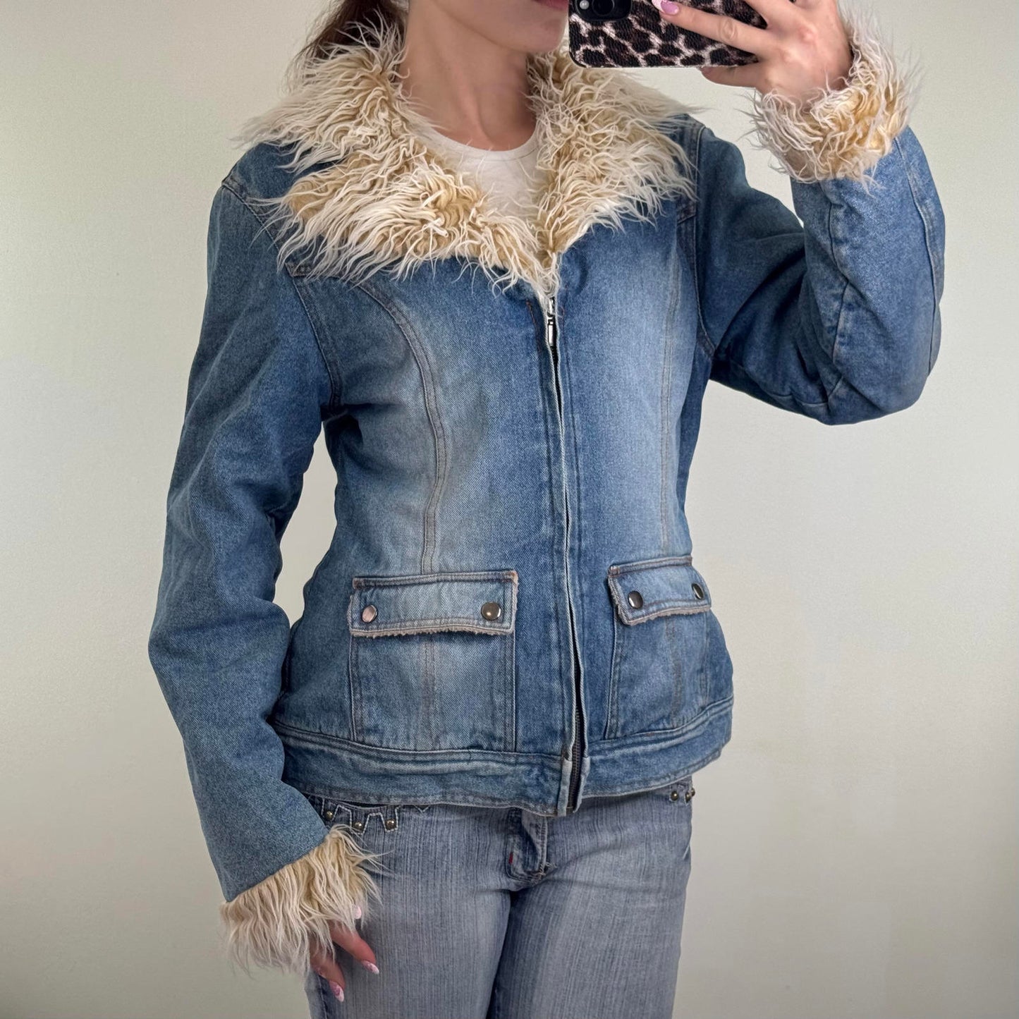 Y2K vintage Tammy denim jacket zip up faux fur trim fleece lined cargo pockets