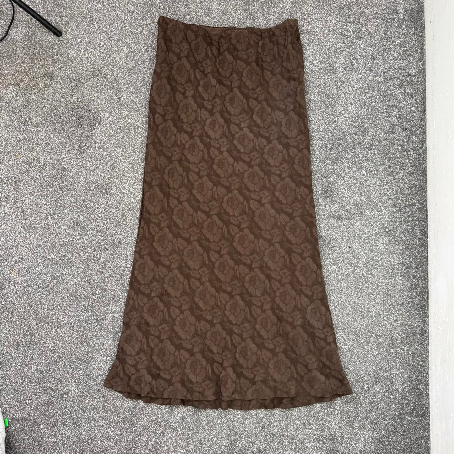 Y2K vintage stretchy floral maxi skirt brown cupro rose pattern a line flowy