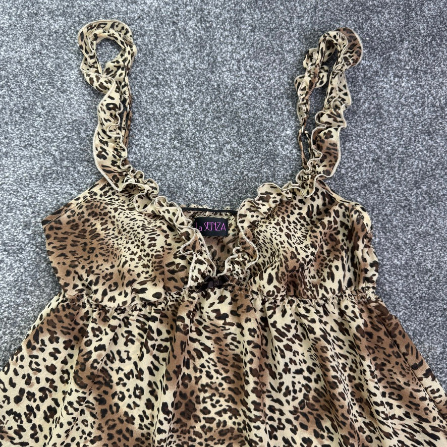 Y2K vintage leopard print baby doll night dress sheer frilly bow