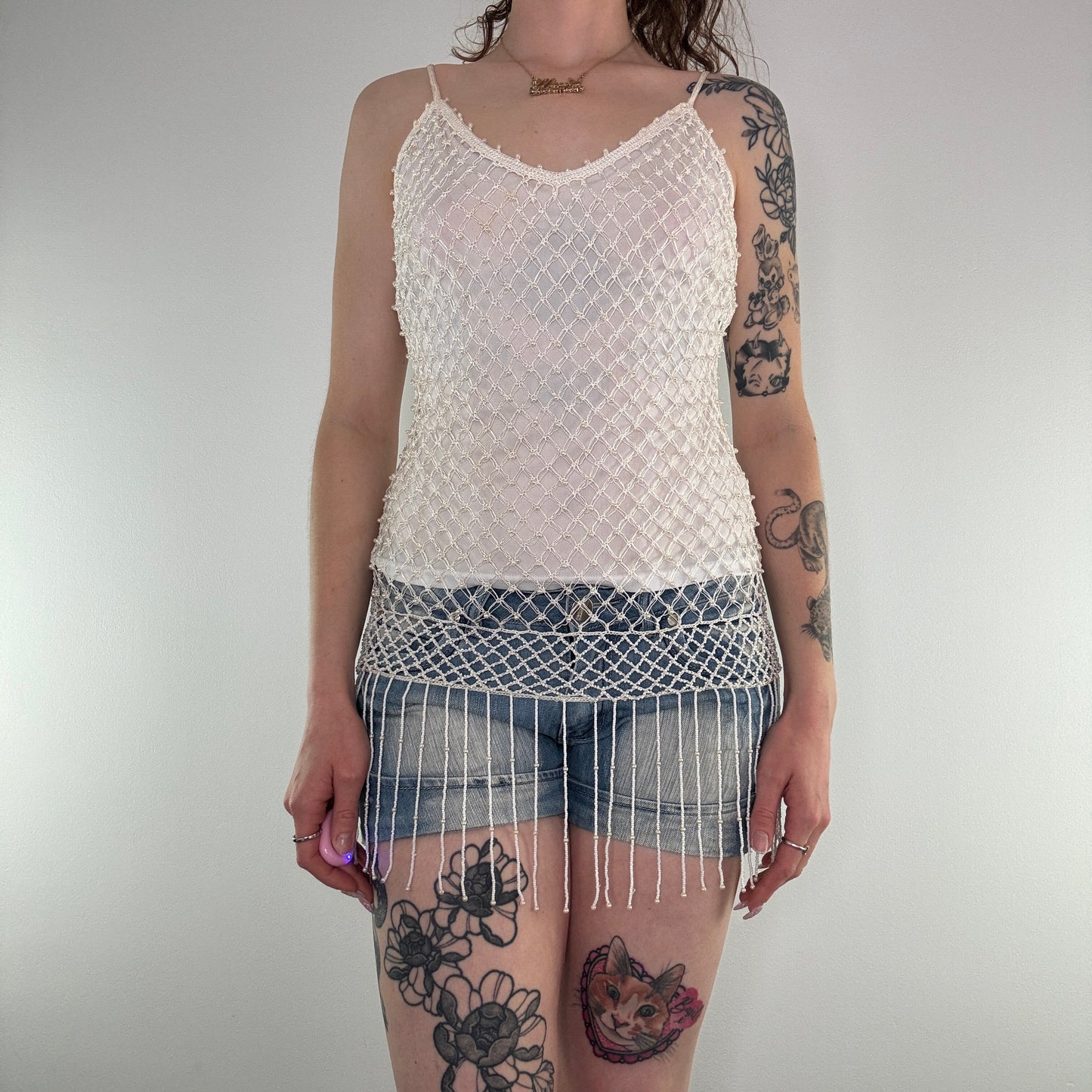 Y2K vintage crochet beaded tassel cami top