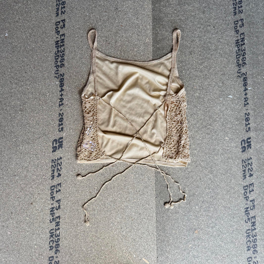 Y2K vintage crochet knit backless top strappy sequin cropped gold round neck