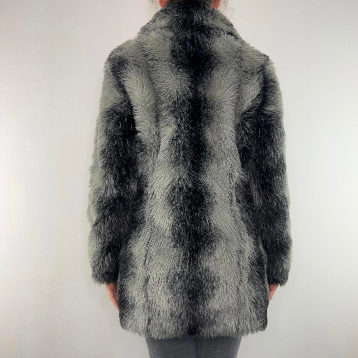 Y2K vintage faux fur mid length coat grey black side pockets stripe warm winter