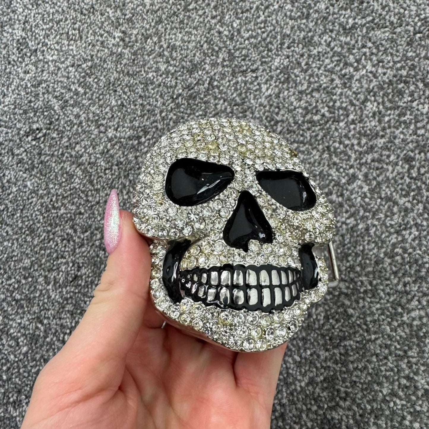 Y2K vintage skull rhinestone belt buckle mcbling embellished oversized chunky