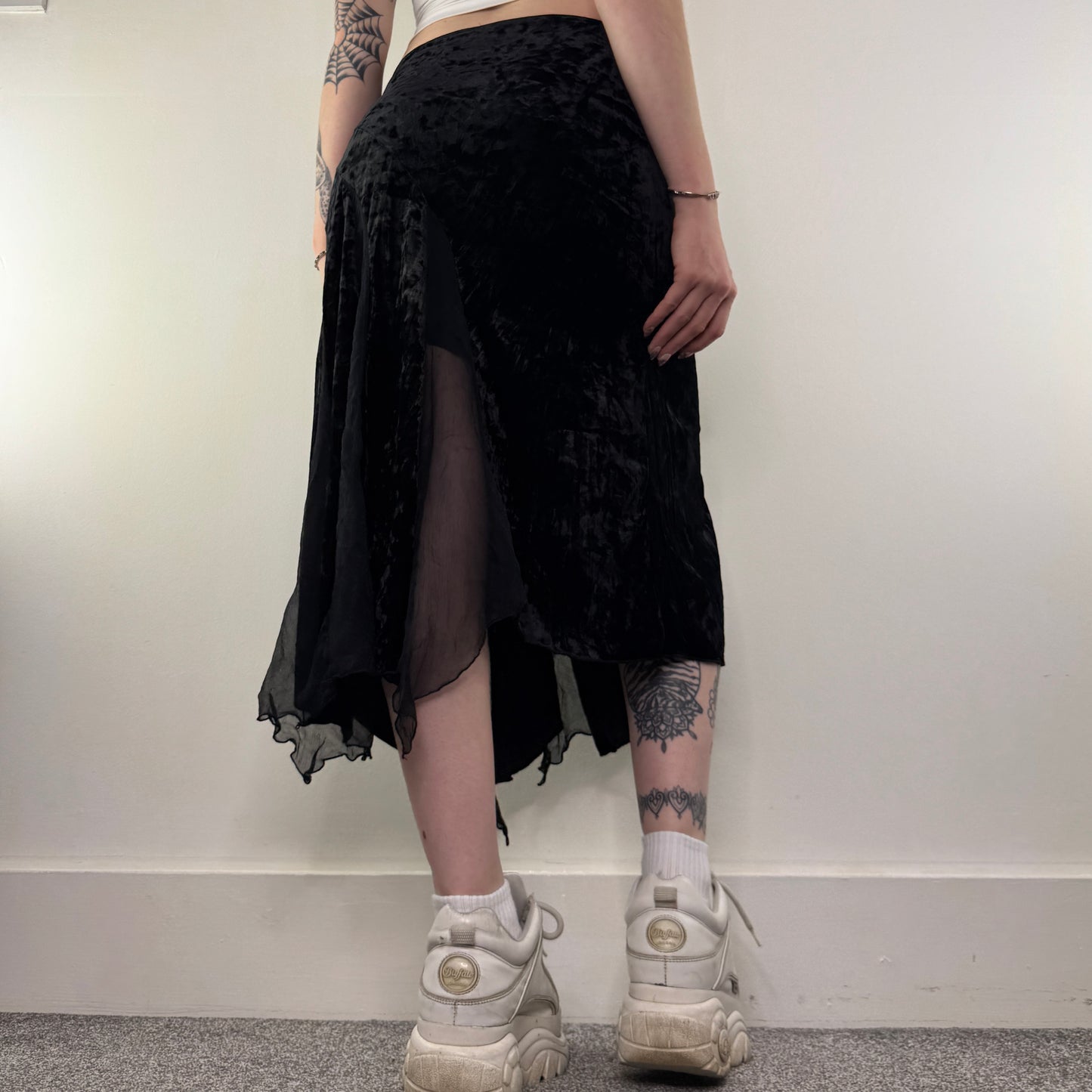 Y2K vintage asymmetrical mesh velvet midi skirt