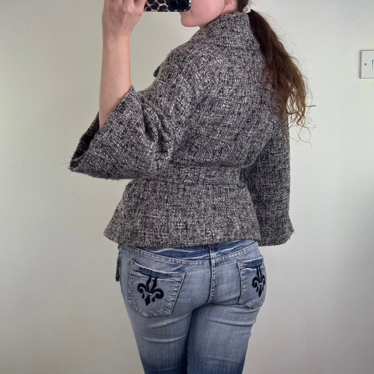 Y2K vintage wool blend pea coat jacket flare 3/4 sleeve with belt button up