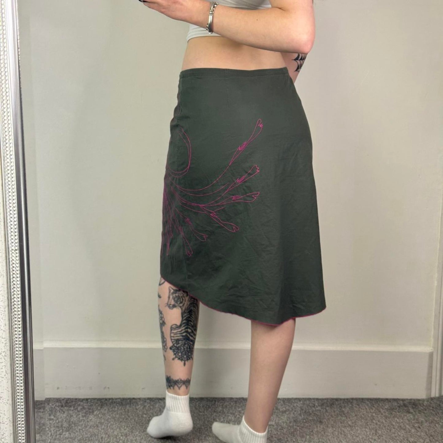 Y2K vintage bird embriodered asyemtriucal hem midi skirt stretch pink/ khaki