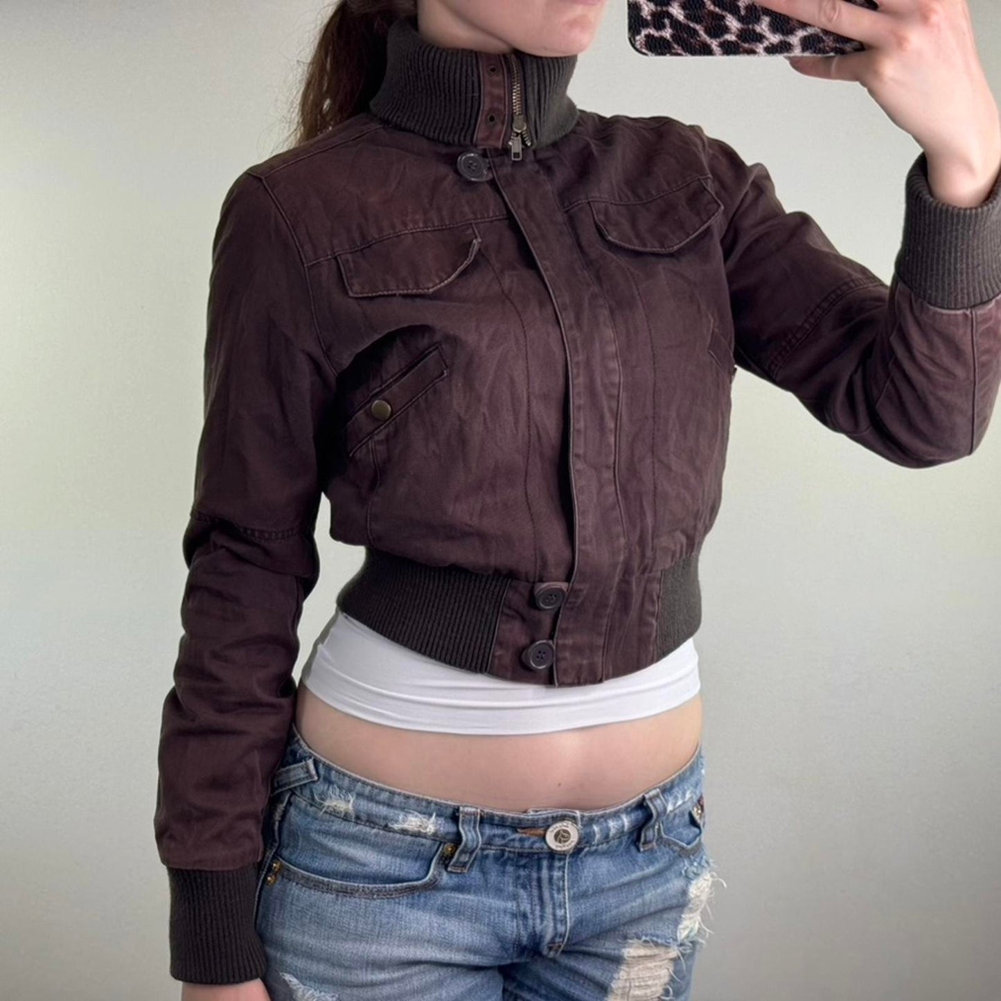 Y2K vintage zip up bomber jacket short length slight crop high roll neck crop