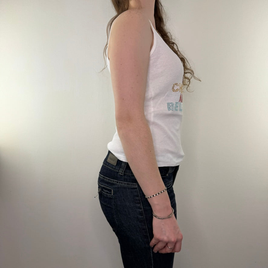 Y2K vintage rhinestone slogan tank top