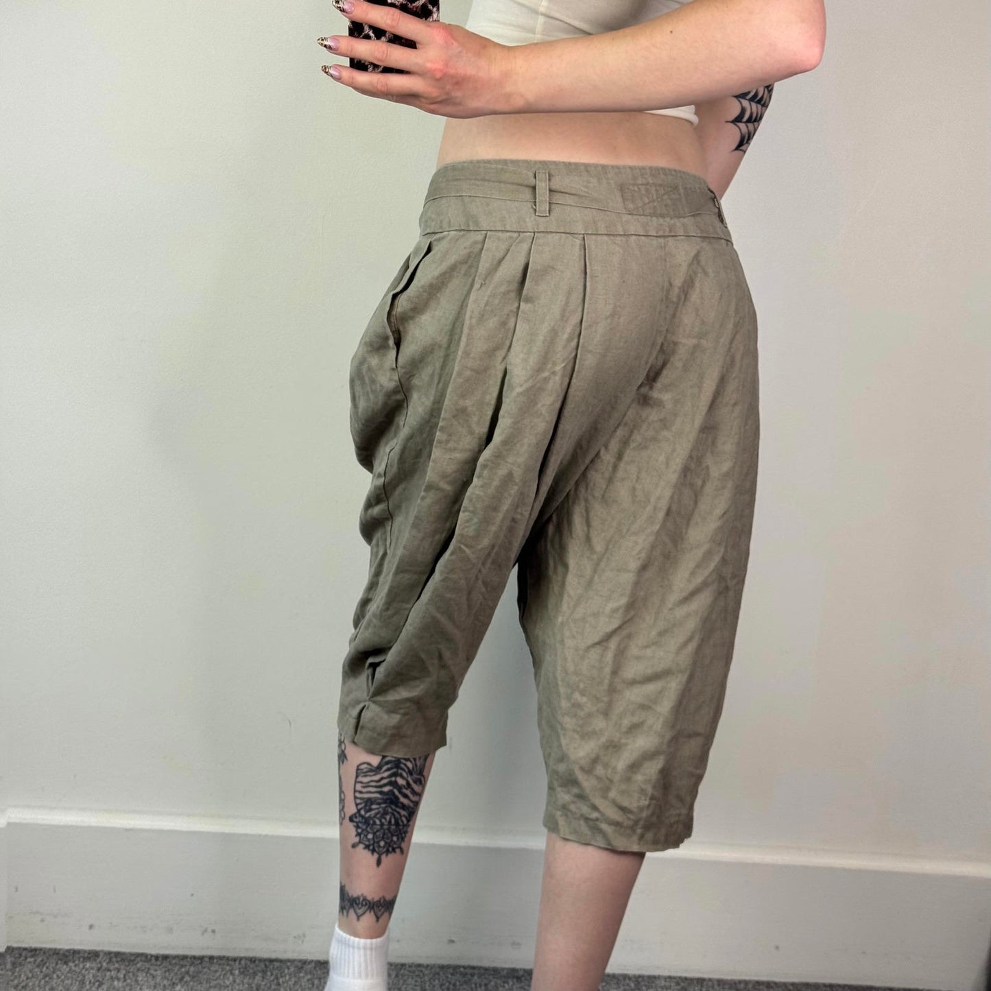 Y2K vintage linen low rise baggy tailored shorts tie bow belt pleated mid calf