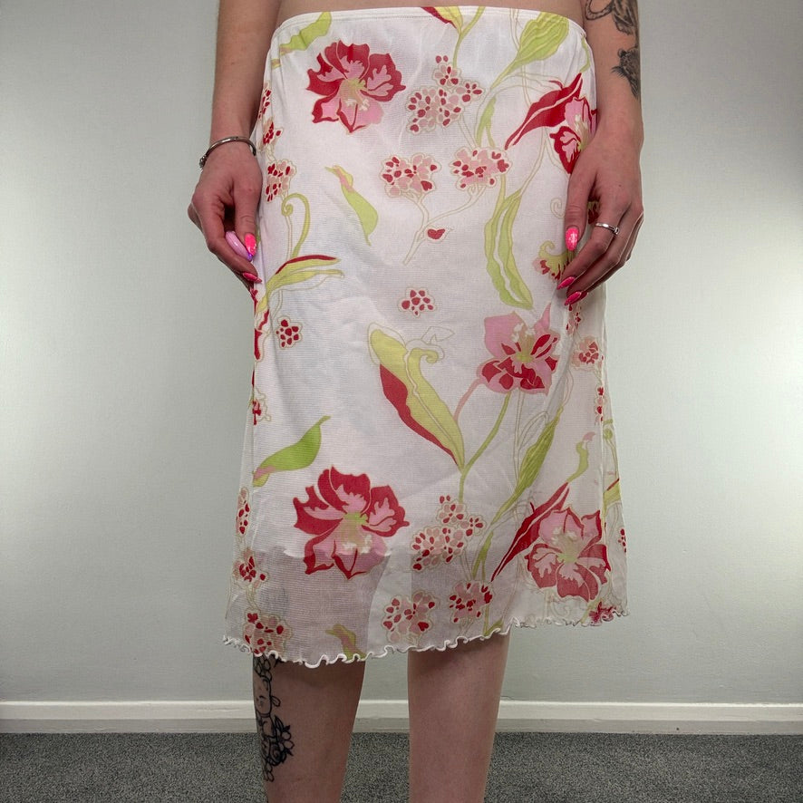 Y2K floral mesh overlay midi skirt