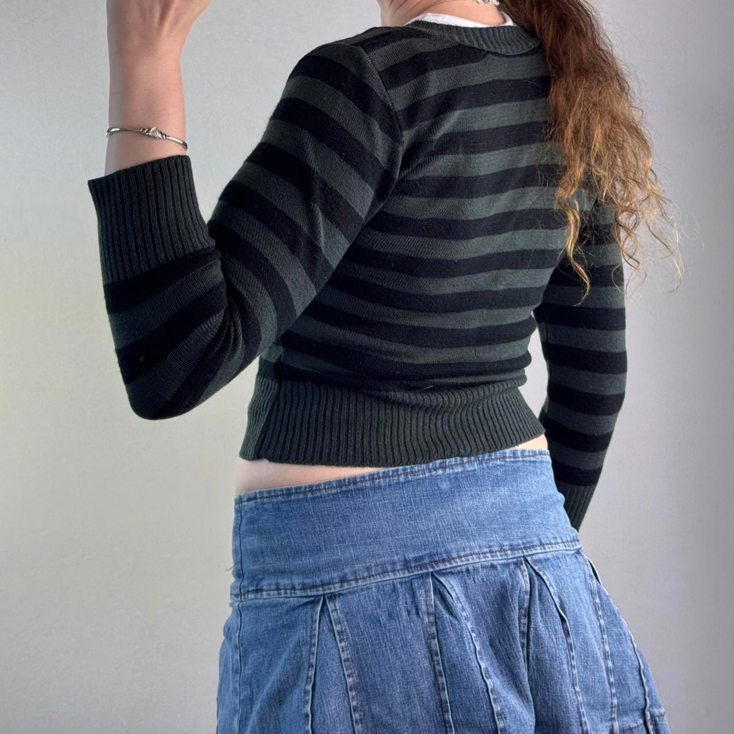 Y2K vintage cropped stripe knit cardigan button up round scoop neck 3/4 sleeve