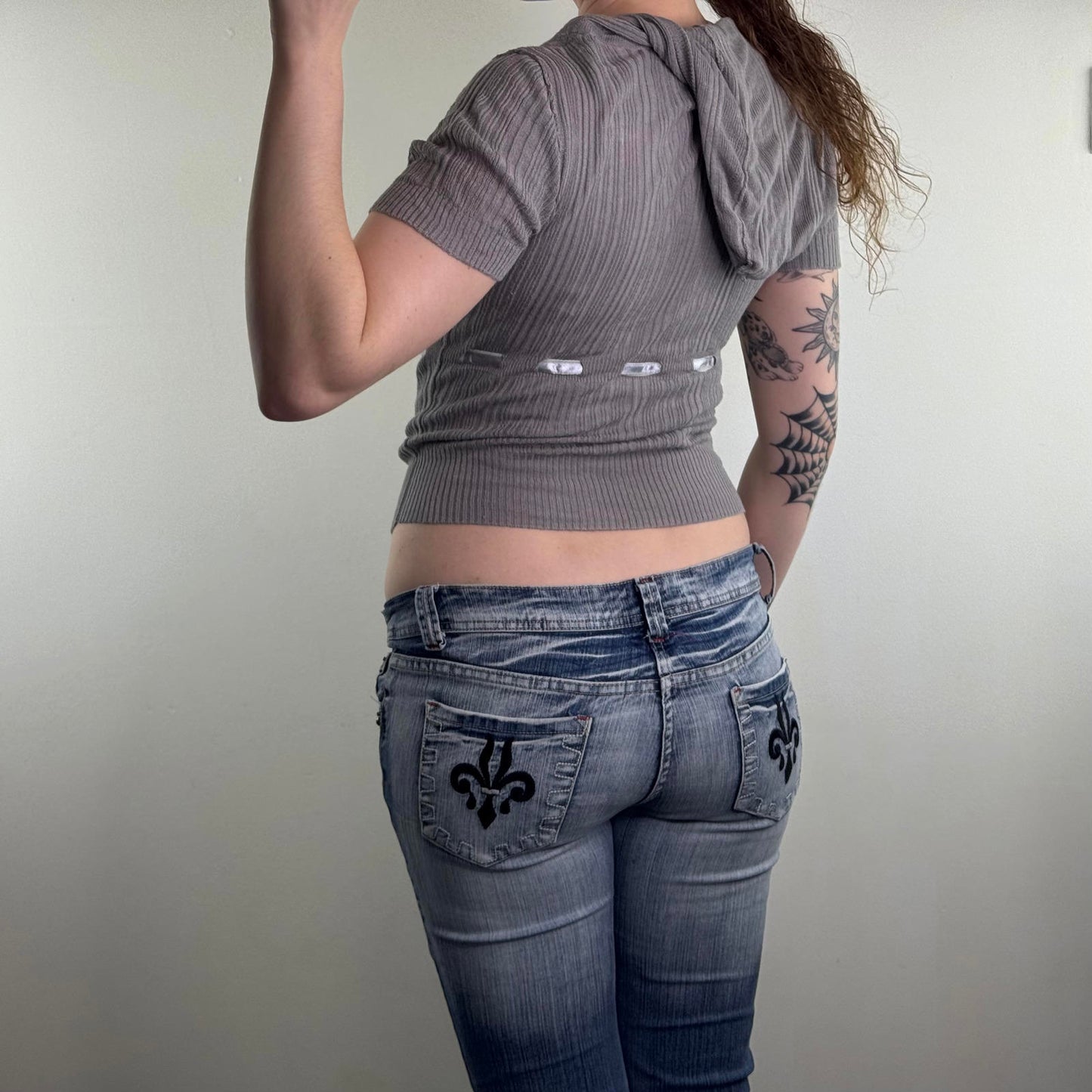 Y2K vintage fine knit short sleeve hoodie bow deep v neck low cut button up