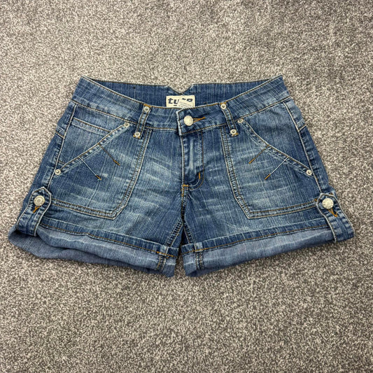 Y2K vintage low rise stretchy denim mini shorts faded blue wash studded cargo