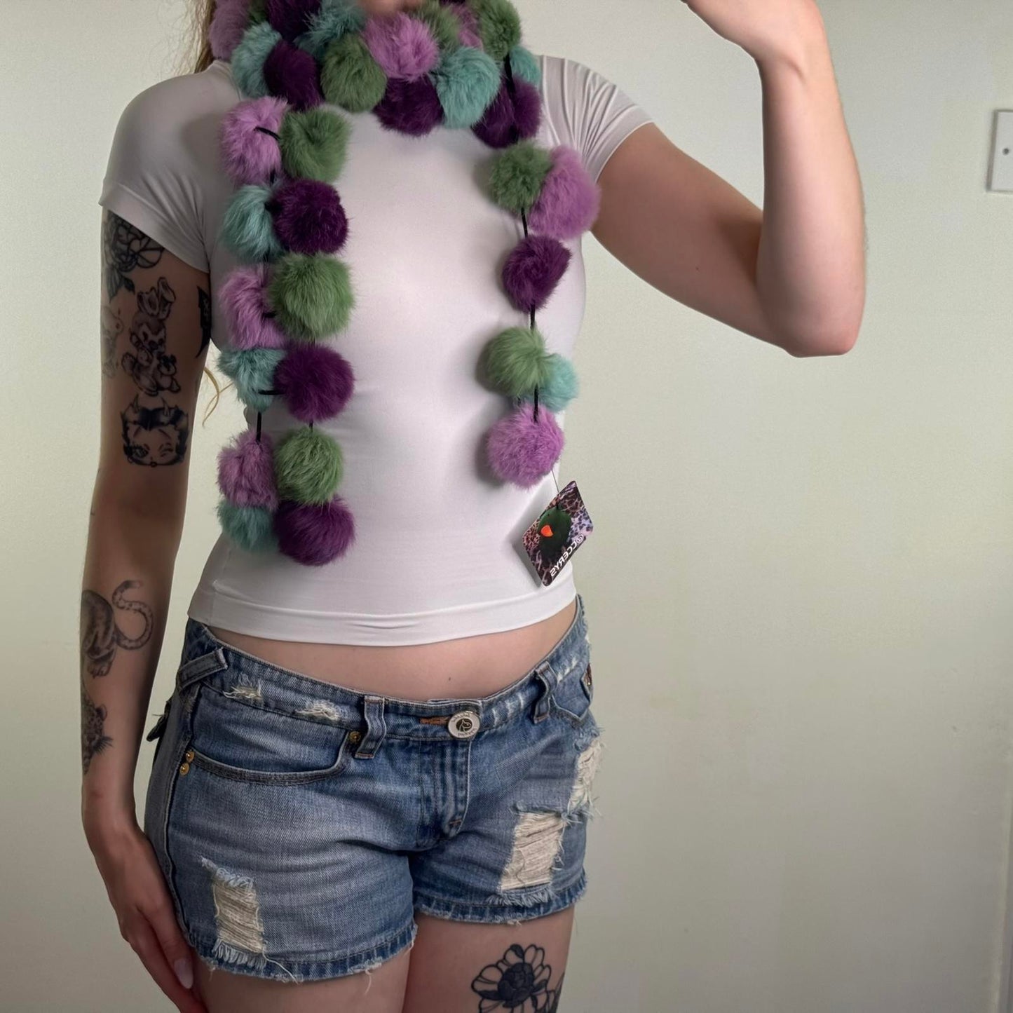 Genuine fur pom pom scarf medium length size purple green blue lilac multi