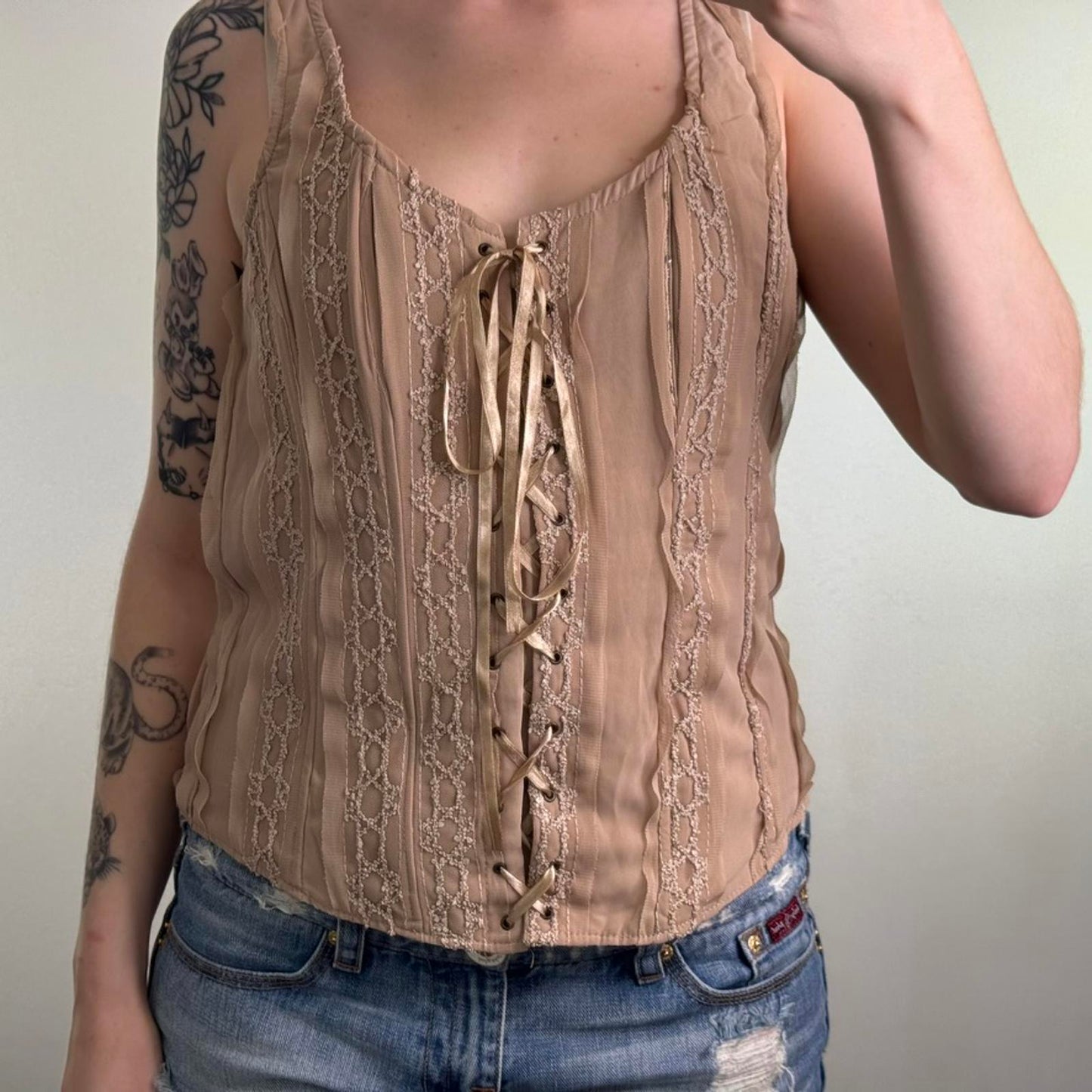 Y2K vintage boned lace up bustier top bow beige fitted tank structured