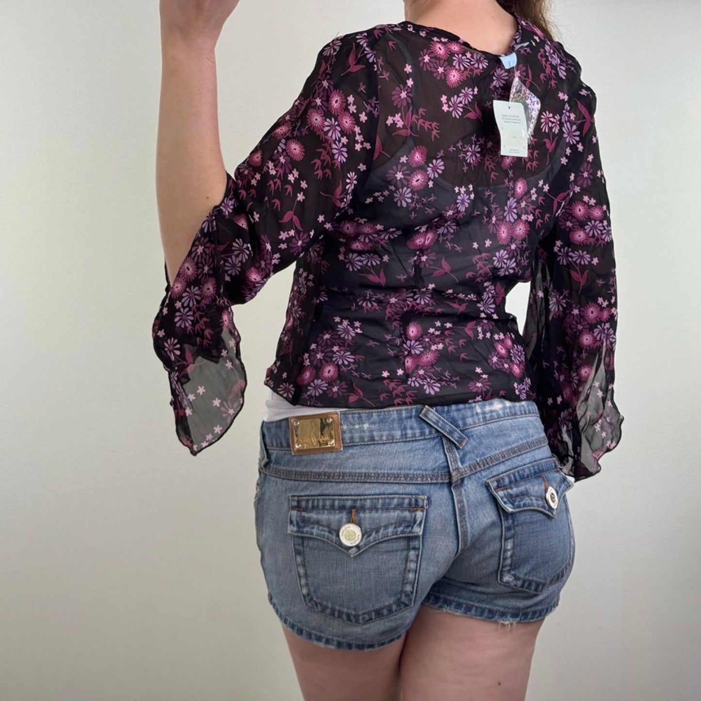 Y2K vintage sheer floral pattern flare sleeve top v neck purple black blouse