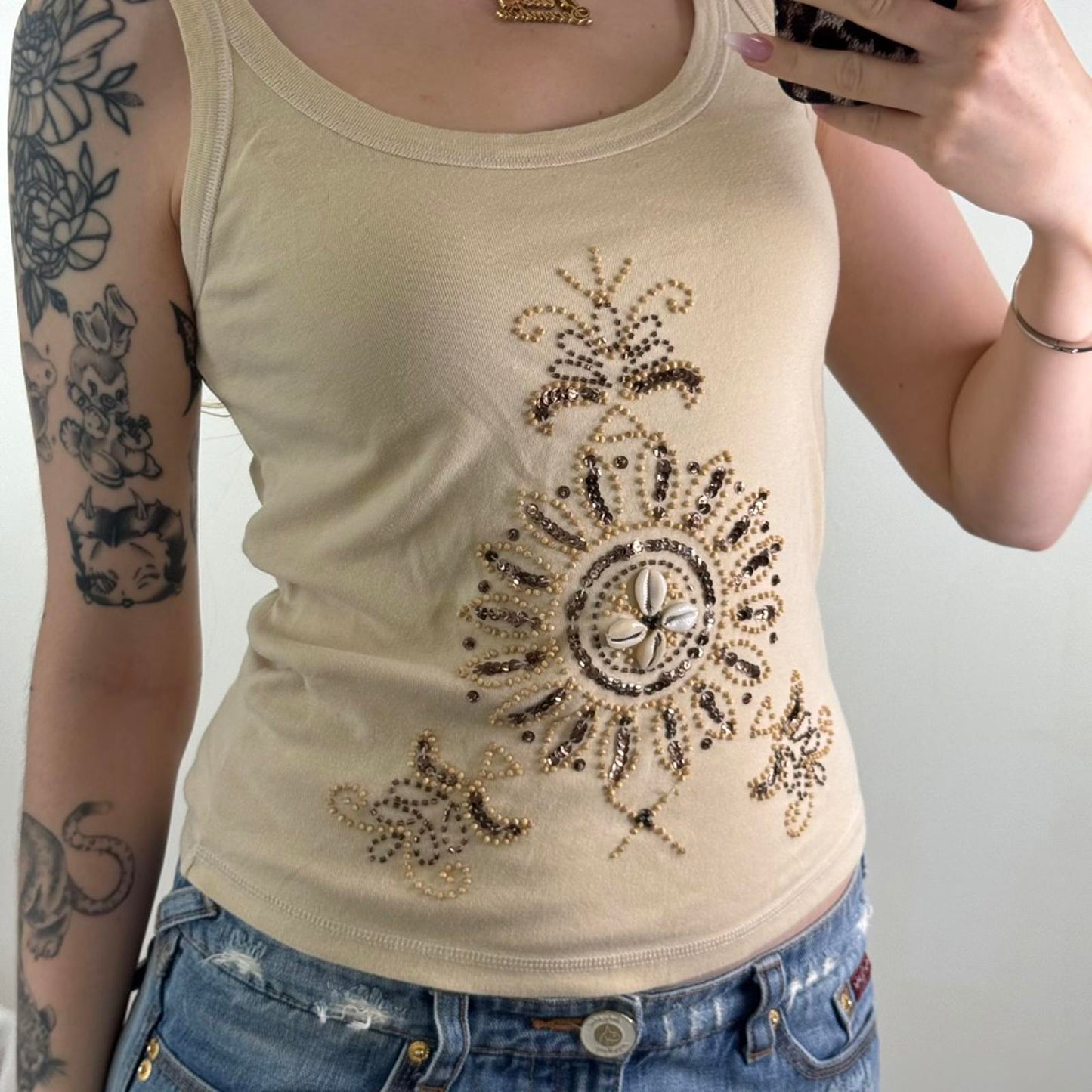 Y2K vintage tank top shell embellished beaded coconut girl summer beach beige