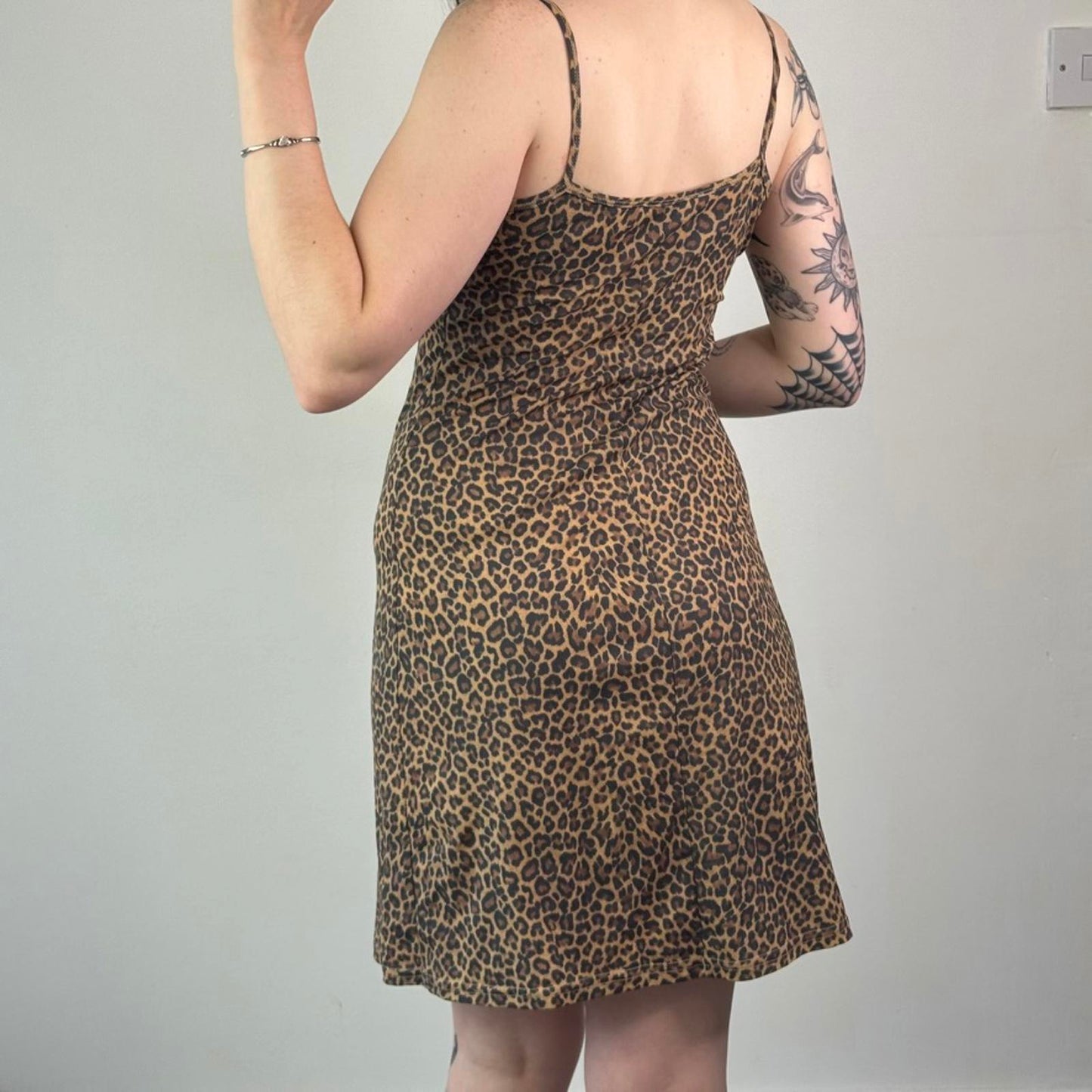 Y2K vintage thick mesh leopard print midi dress strappy v neck bust lightweight