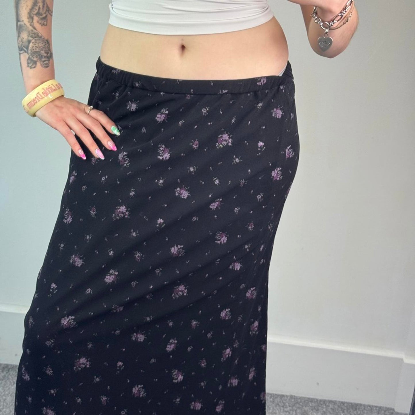 Y2K vintage black ditsy lilac floral double mesh overlay maxi skirt lettuce hem