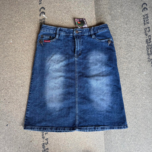 Y2K vintage faded denim midi skirt knee length mid blue