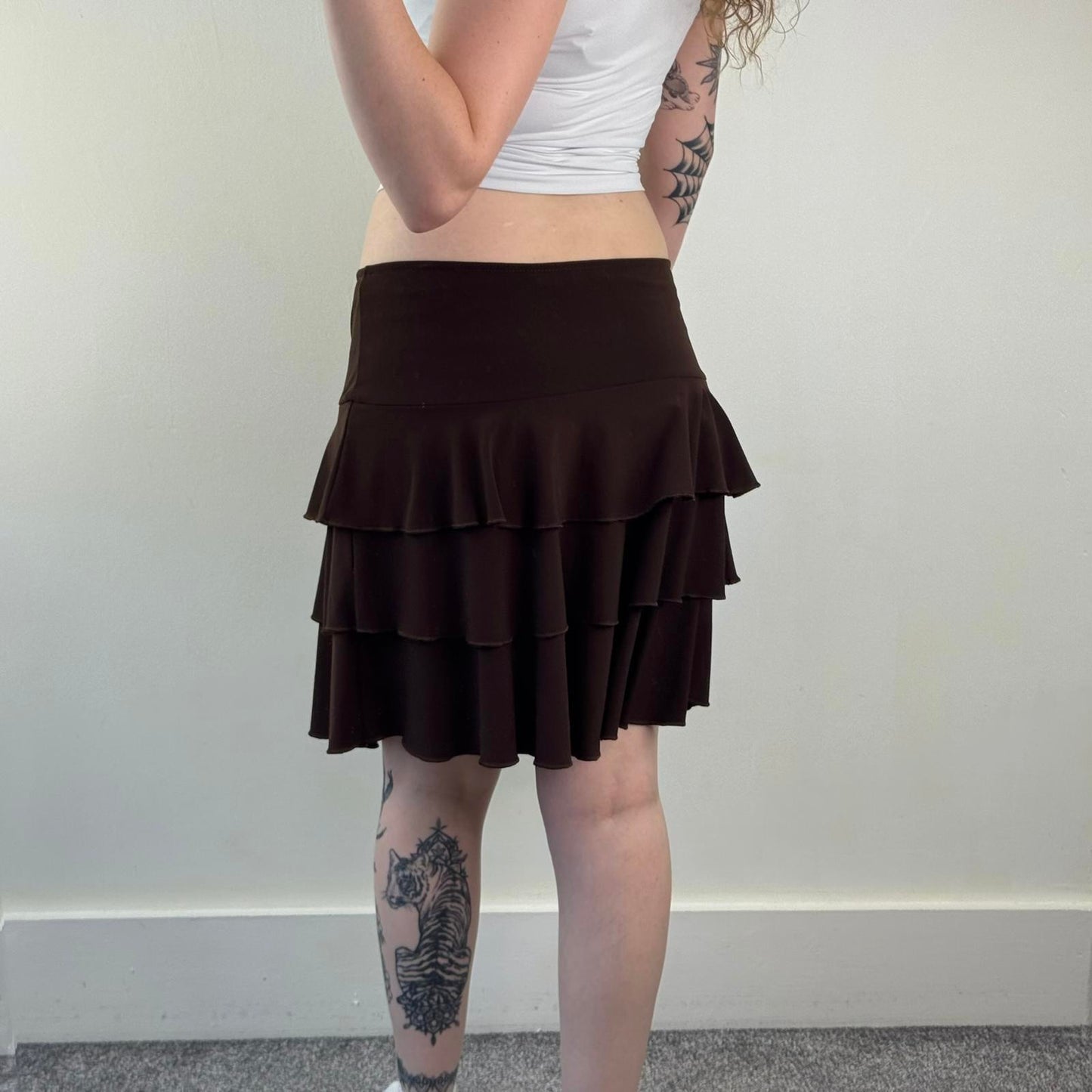 Y2K vintage tiered midi skirt stretchy knee length brown a line
