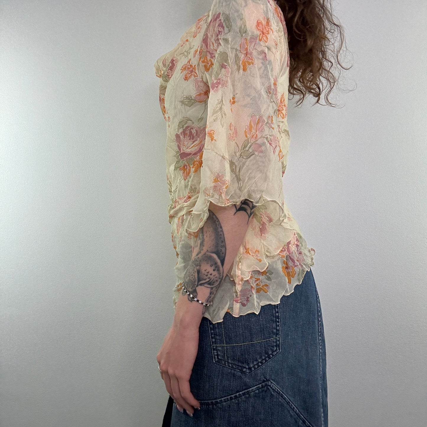 Y2K silk floaty sheer bow flare sleeve top