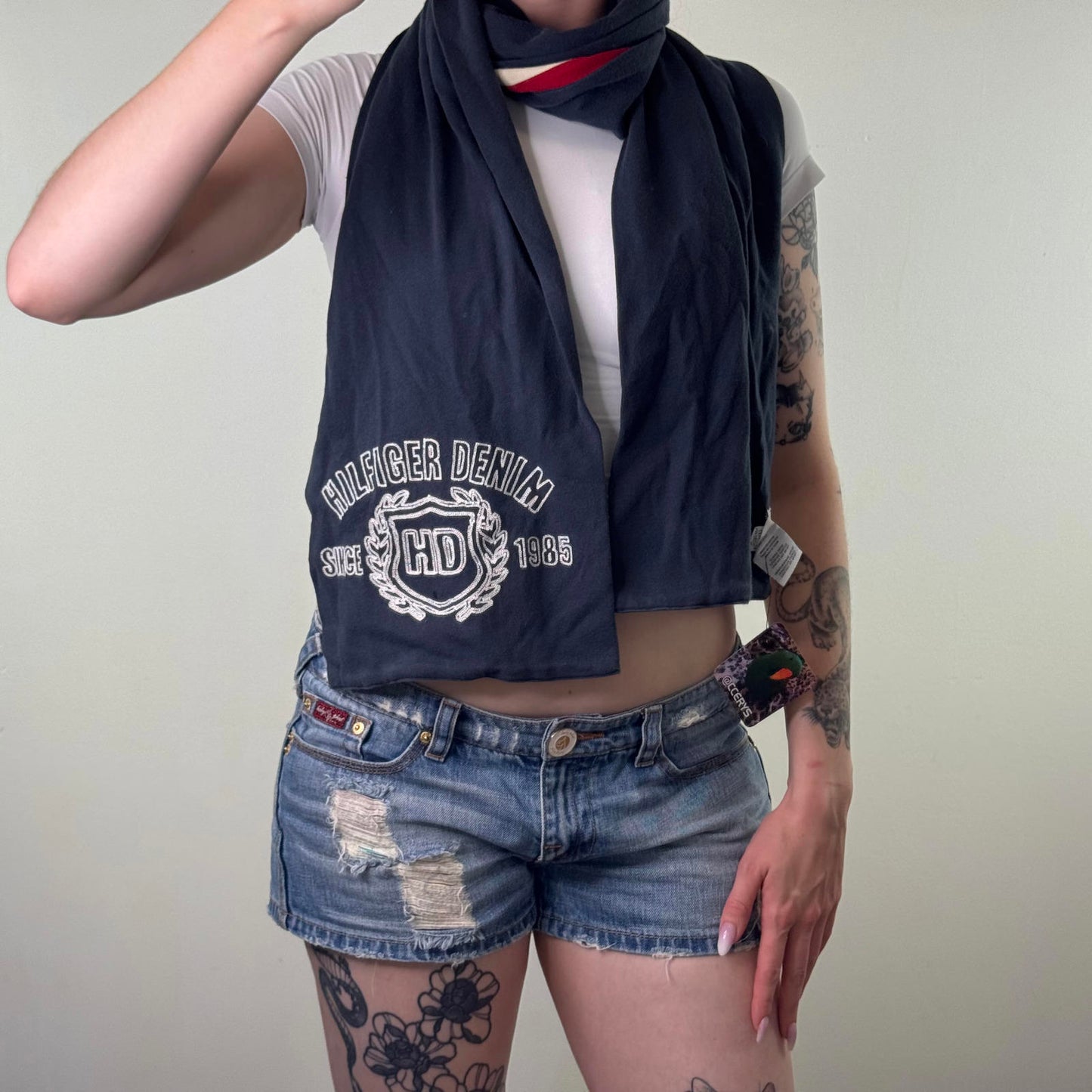 Y2K vintage Tommy Hilfiger denim scarf reversible unisex stripe embroidered