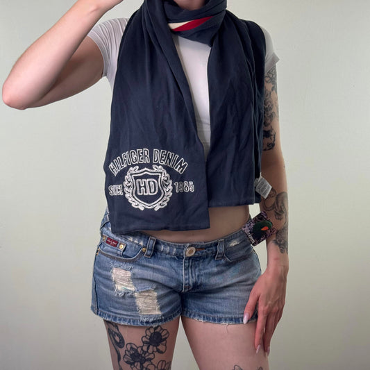 Y2K vintage Tommy Hilfiger denim scarf reversible unisex stripe embroidered