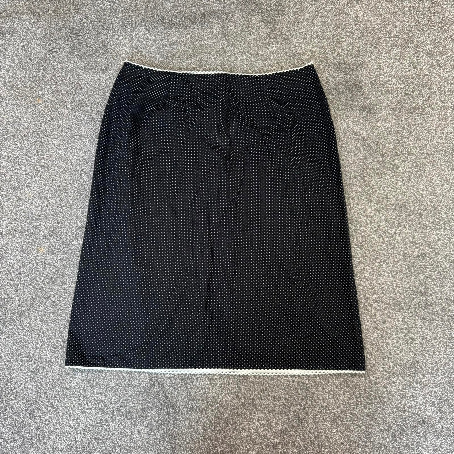 Y2K vintage polka dot midi skirt white trim black knee length spotty high waist