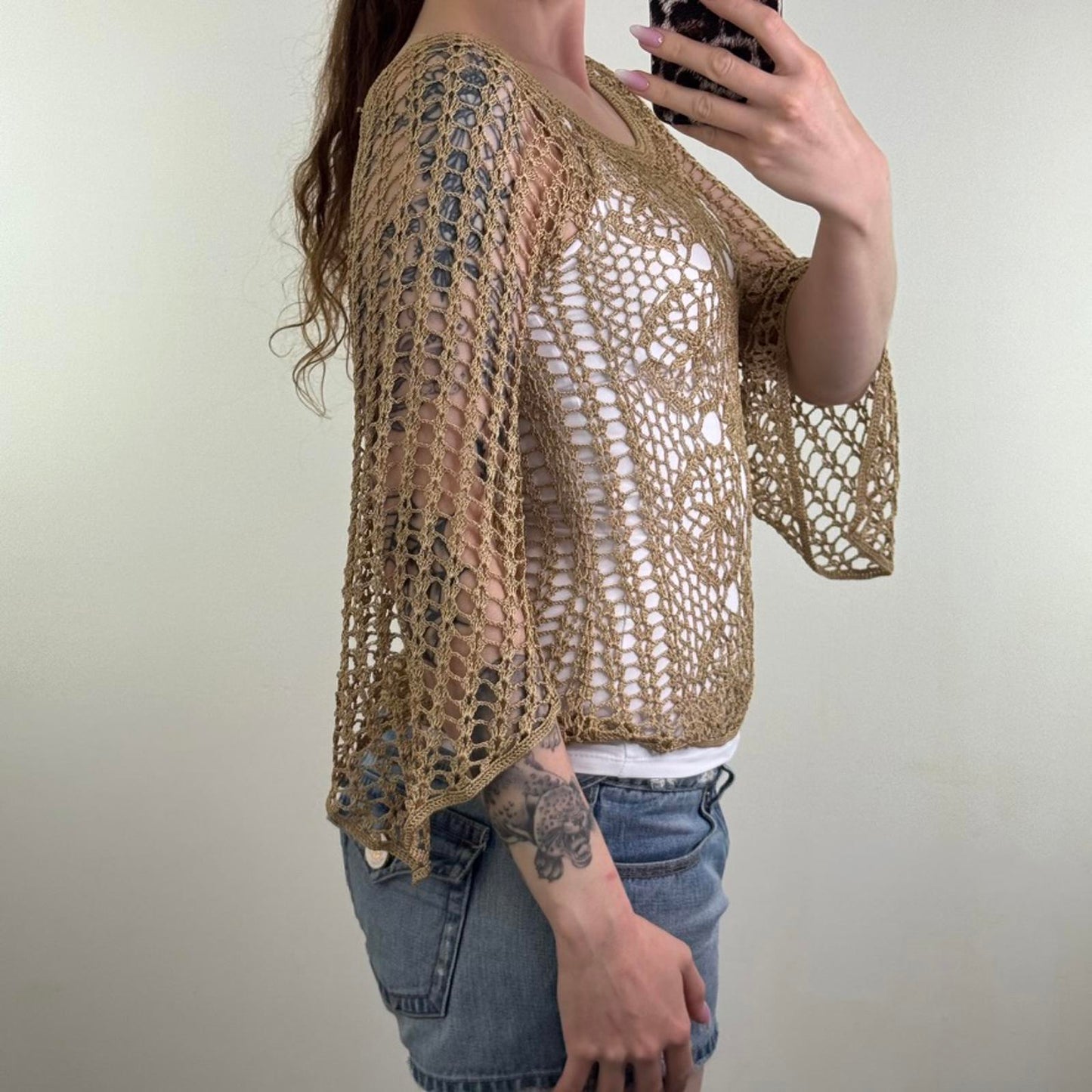 Y2K vintage crochet knit flare 3/4 sleeve top sheer round neck beige pattern