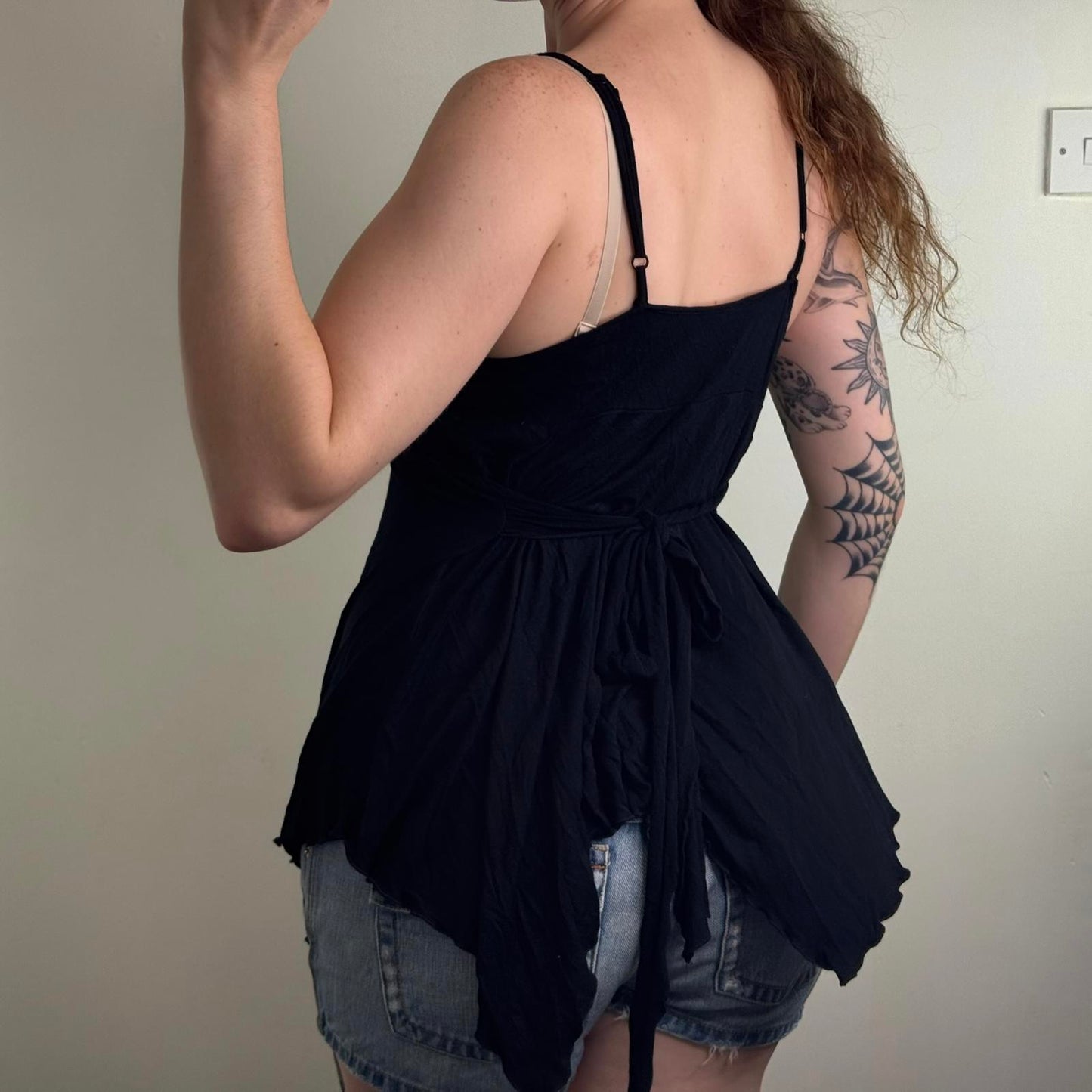 Y2K vintage flowy cami top floral beaded ruched tie back bow ruffle strappy