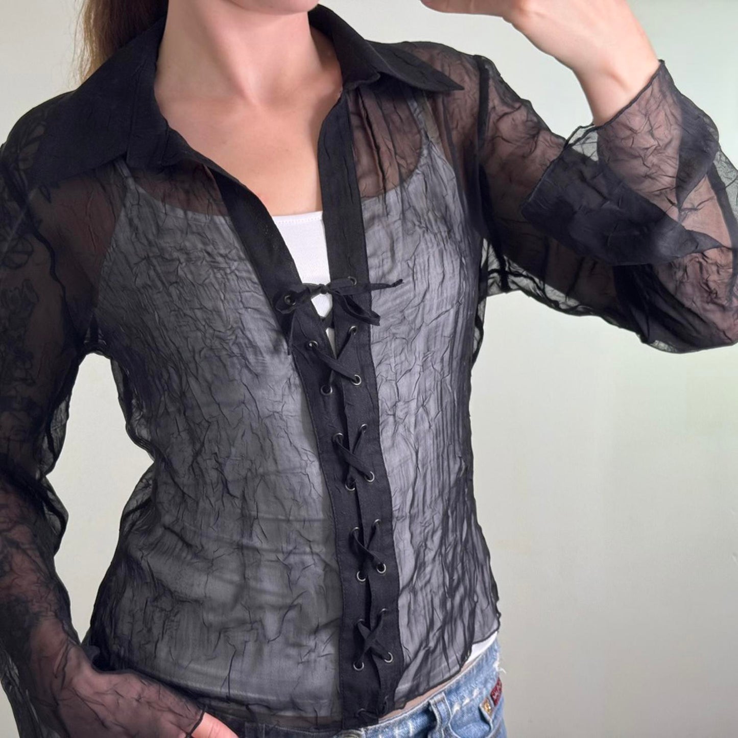 Y2K vintage sheer long sleeve blouse shirt lace up v neck black lightweight