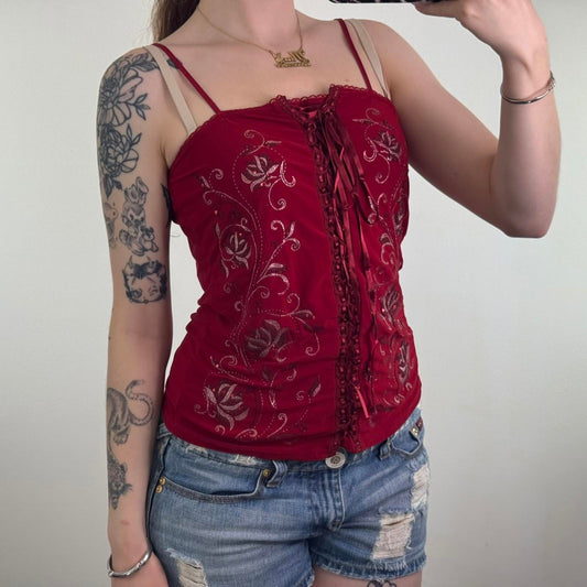 Y2K vintage sequin floral slinky cami top lace up bust strappy lace trim