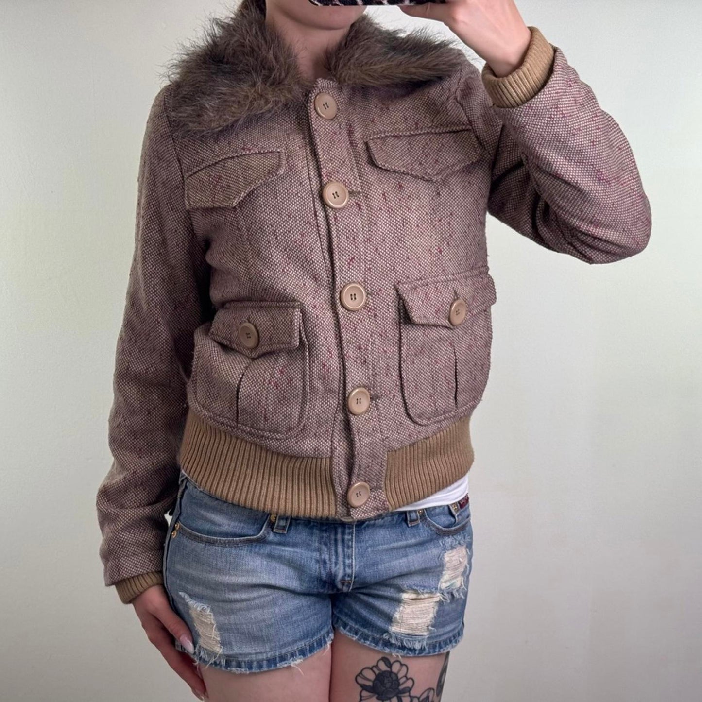 Y2K vintage tweed wool blend button up coat winter jacket faux fur trim collar