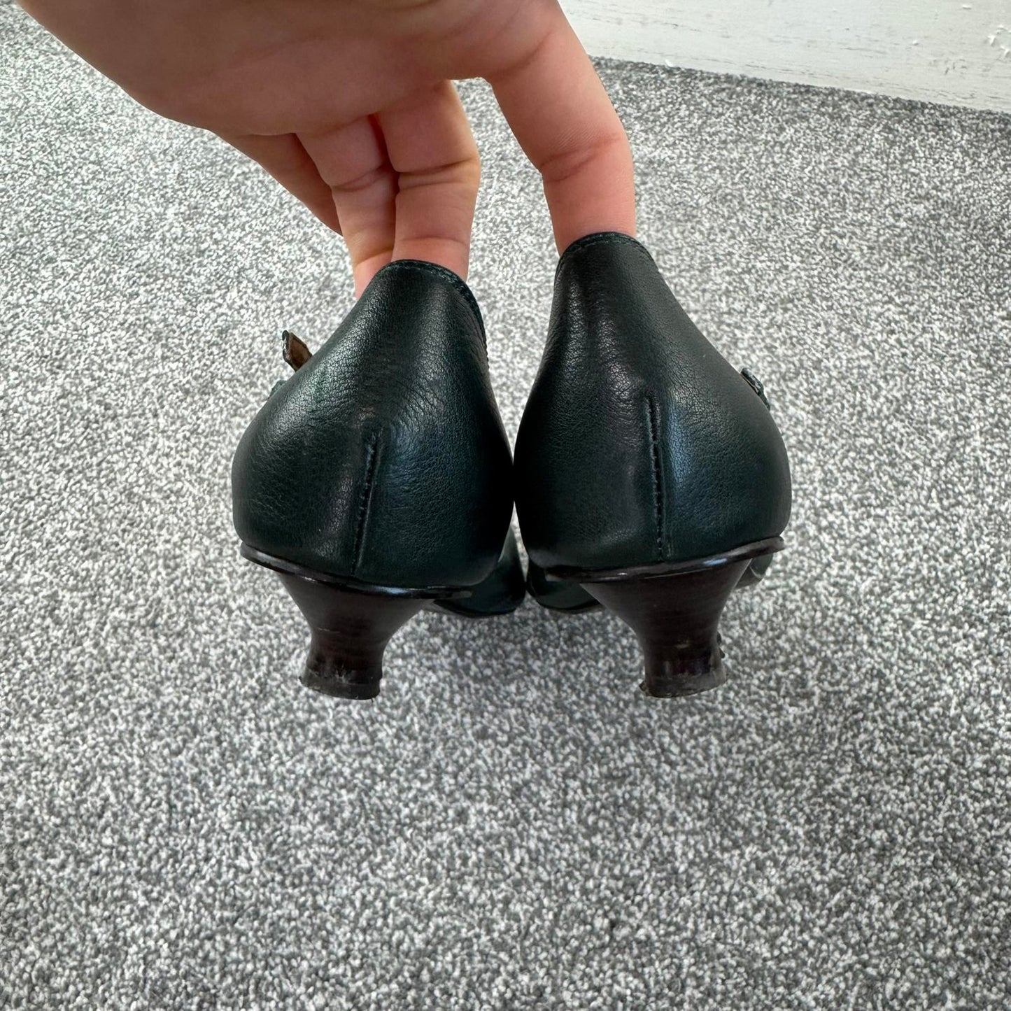 Y2K vintage genuine leather kitten heels pointed toe bow strappy dark green