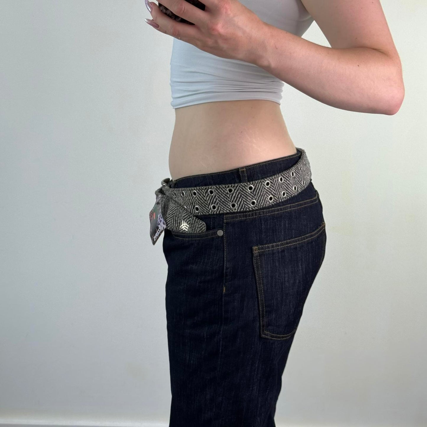 Y2K vintage tweed grey black white pattern belt grommet silver square buckle