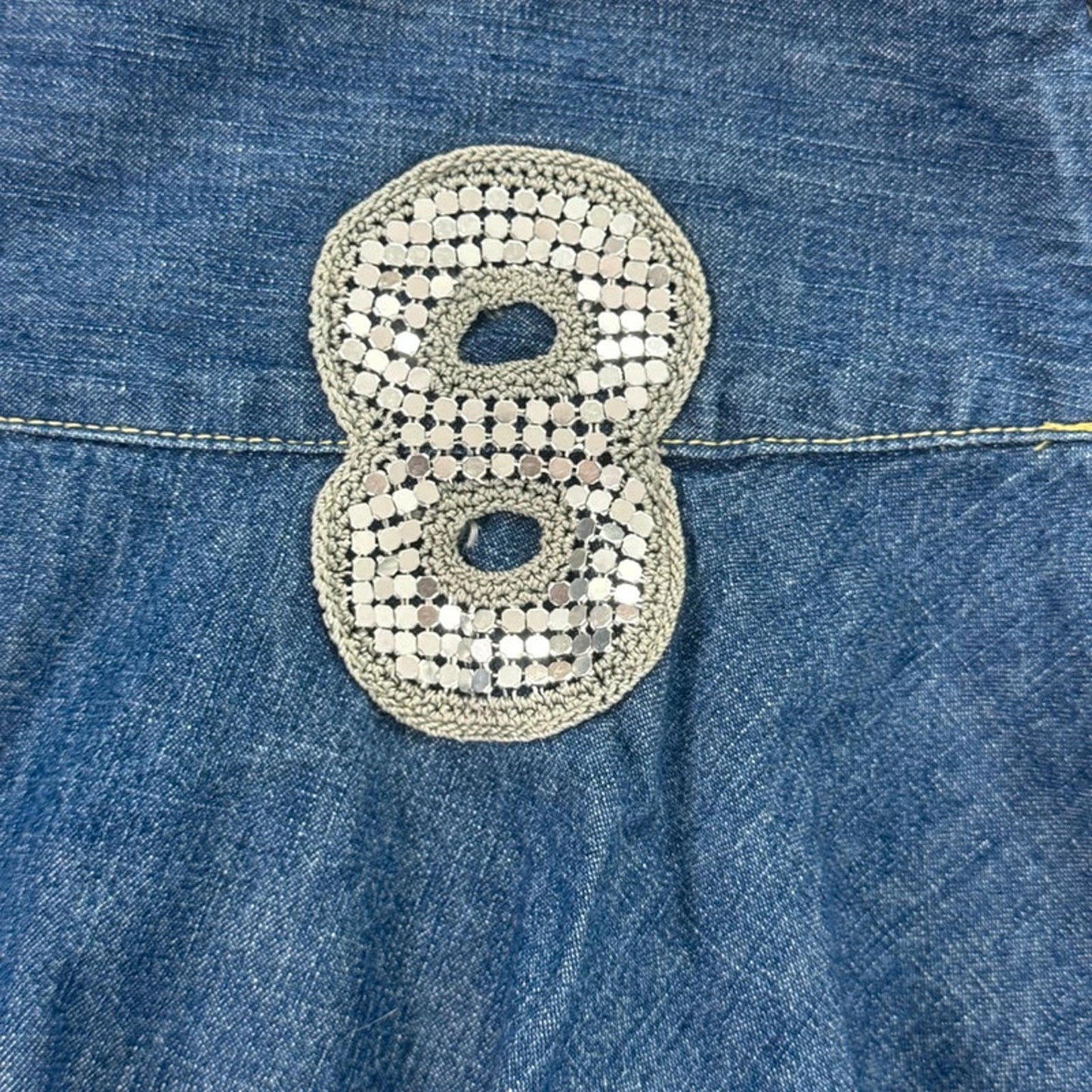 Y2K vintage low rise denim mini skirt number 8 chainmail embroidered a line rara