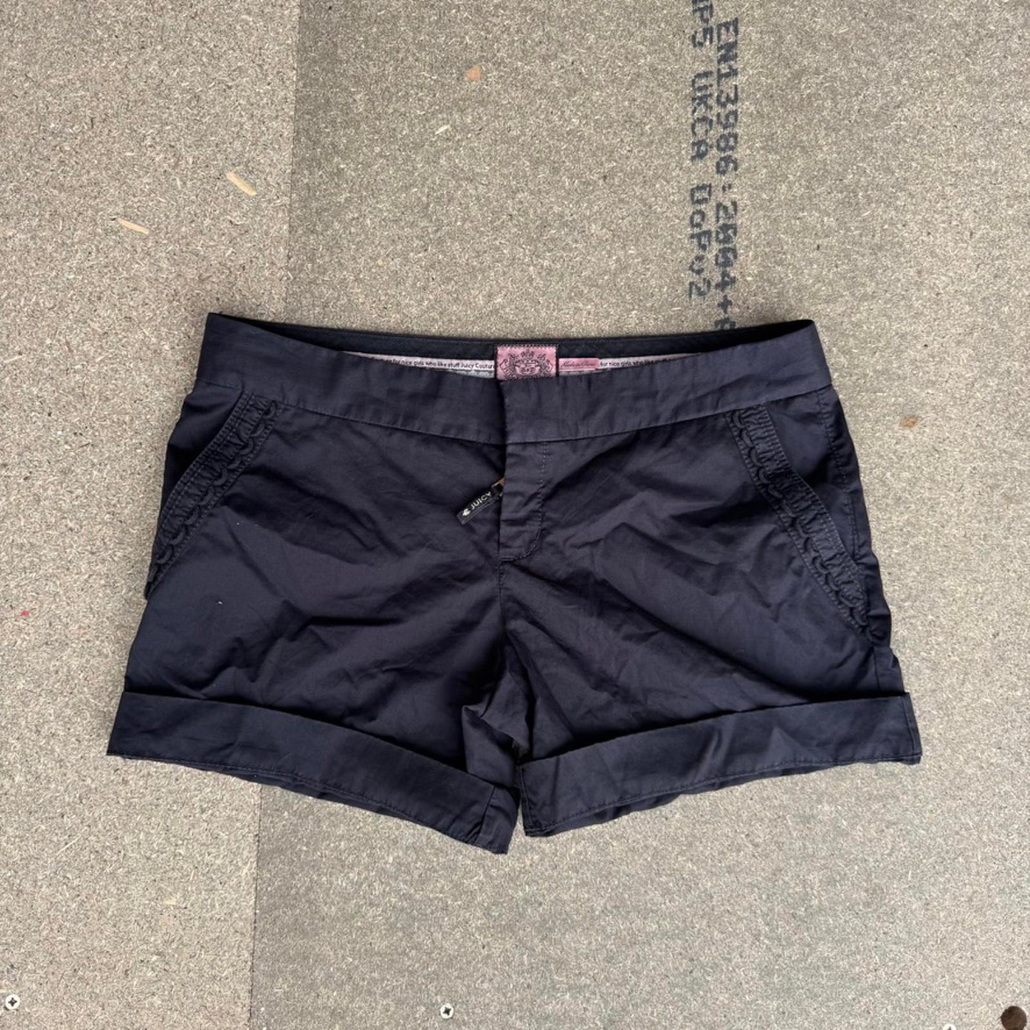 Y2K vintage Juicy Couture mini shorts low rise frill trim pockets chino